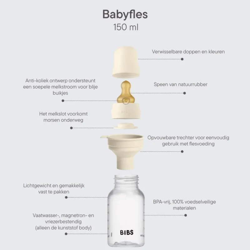 Bibs Babyfles 150 ML Ivory met Latex speen en opvouwbaar trechtertje
