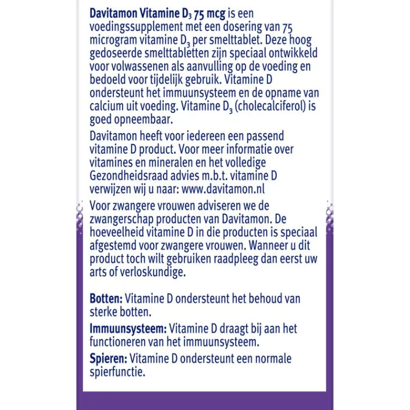 Davitamon Vitamine D3 75 mcg Smelttabletten 60+15 stuks