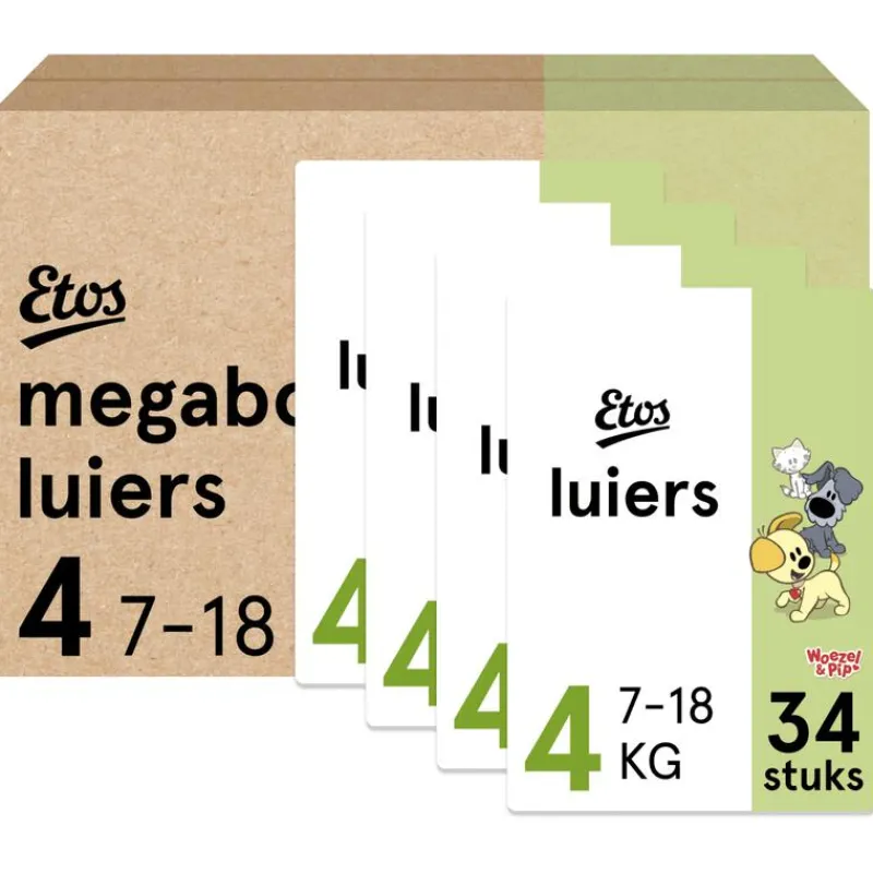 Etos Woezel & Pip Luiers Maxi Maat 4 7-18 kg Megabox 4x34 stuks