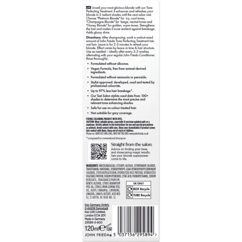 John Frieda Salon Blonde Tone Perfecting Treatment Platinum Blonde 120 ML