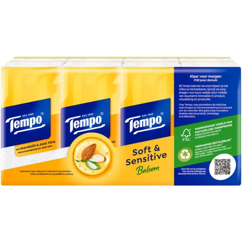 Tempo Plus Sensitive Skin 4-Laags Zakdoekjes 8 pakjes